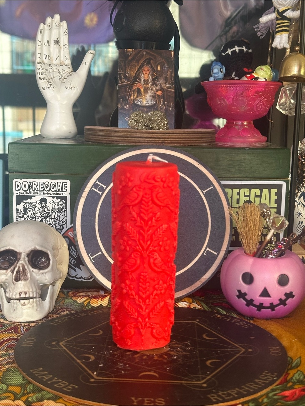 Red Folk Art Bird Pillar Candle